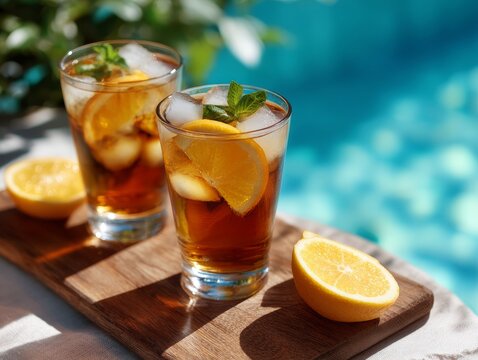 Two iced tea cocktails with orange slices by the pool on sunny summer day