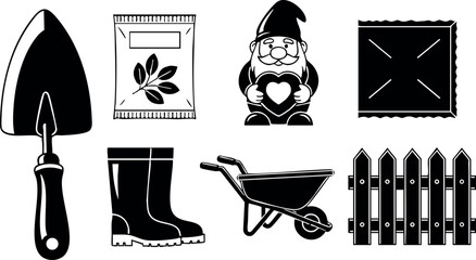 Garden tools and decorations with shovel boots wheelbarrow fence and gnome vector illustration