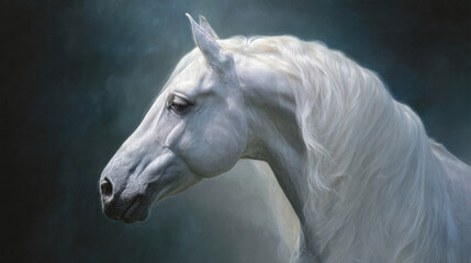 Majestic white horse standing against a dark misty backdrop showcasing its beauty and grace