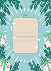 Christmas-themed notepad with green and white striped gift boxes, holly leaves, and stars on a light blue background. Perfect for holiday planning and gift ideas