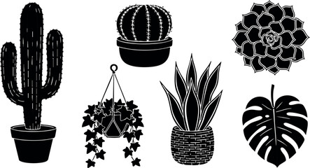 Black silhouette indoor cactus succulent plants in pots vector illustration