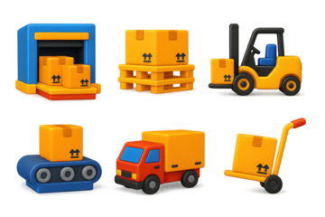 3D Shipping Icons. 3D icon set of shipping and receiving: loading docks, pallets, forklifts, conveyors, trucks, hand carts. A set