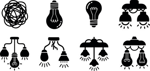 Set of light bulb icons with lamp and wire elements in black vector illustration