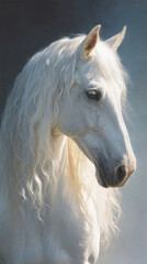 Obraz premium Majestic white horse with long flowing mane illuminated by soft natural light