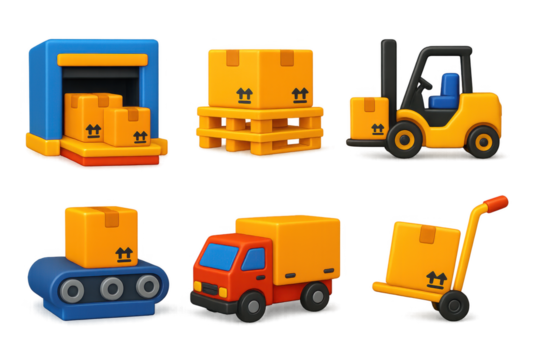 3D Shipping Icons. 3D icon set of shipping and receiving: loading docks, pallets, forklifts, conveyors, trucks, hand carts. A set