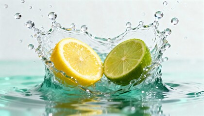 High-Speed Macro of Fresh Lemon and Lime Slices Falling into Water Splash. Clean Background.