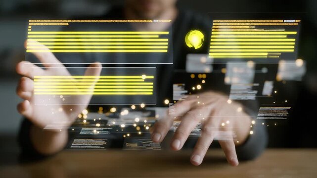 Close-up of hands interacting with floating CVs and skill analytics displayed in augmented reality, highlighting automation in hiring, immersive candidate assessment, and efficiency in talent