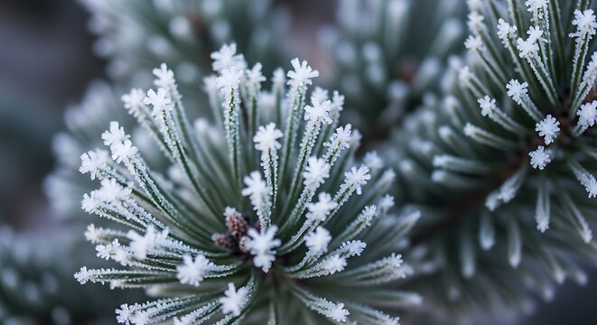 Close up of pine needles covered in frost creating a winter wonderland look