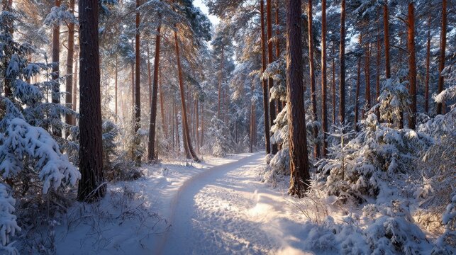 A winding path through a snowy forest with tall pine trees glistening in winter sunlight.