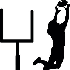American football player catching ball near goalpost silhouette vector illustration