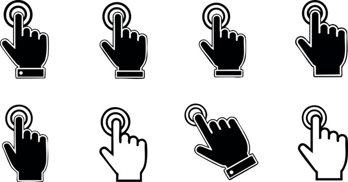 Hand cursor clicking icons set button press vector illustration black and white style for user interface design