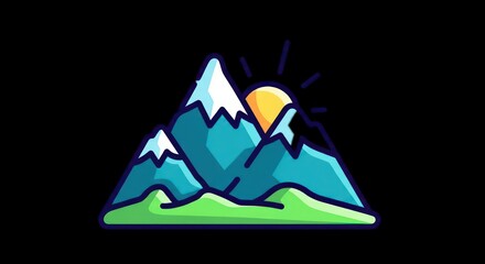 Stylized Mountain Range with Sun Rising Over Peaks.