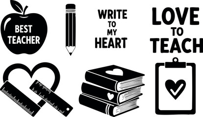 Teacher appreciation vector set with apple pencil books and heart symbols for education and love of teaching