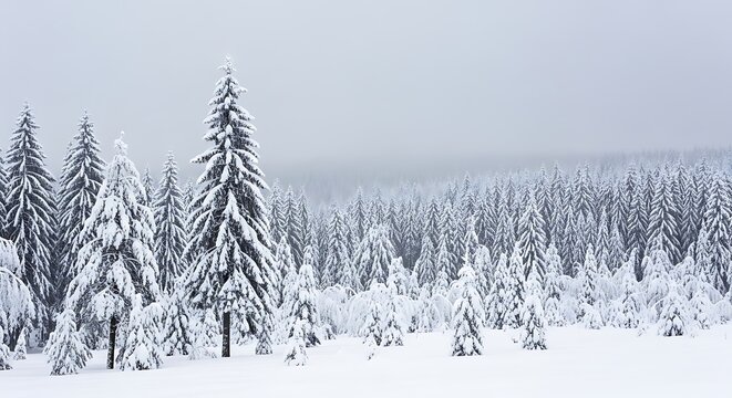 A snowy forest landscape with evergreen trees covered in fresh snowfall