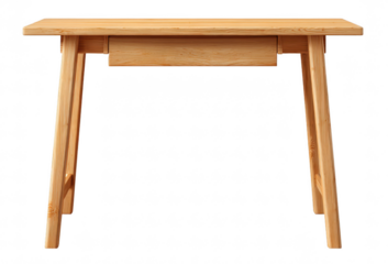 A simple wooden desk is shown from the front, isolated on transparent background. Ideal for home offices or minimalist interior designs