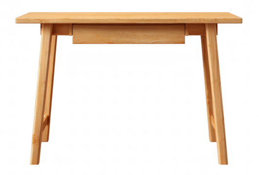 A simple wooden desk is shown from the front, isolated on transparent background. Ideal for home offices or minimalist interior designs