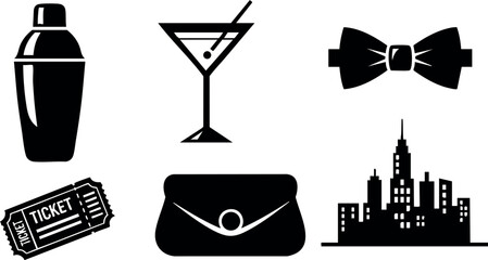 Cocktail shaker martini glass bow tie ticket purse city skyline black icons vector illustration