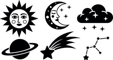 Sun moon stars cloud planet comet constellation celestial vector illustration simple design
