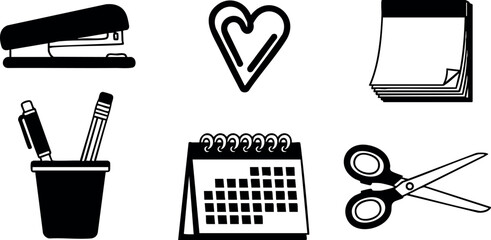Office supplies black icons stapler calendar scissors pen pencil heart sticky notes vector illustration