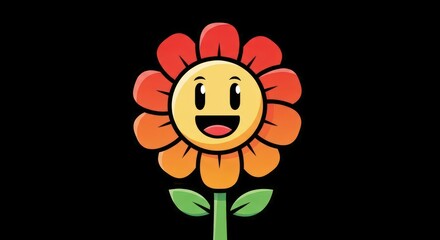 Cheerful Cartoon Flower with Smiling Face on Black Background.