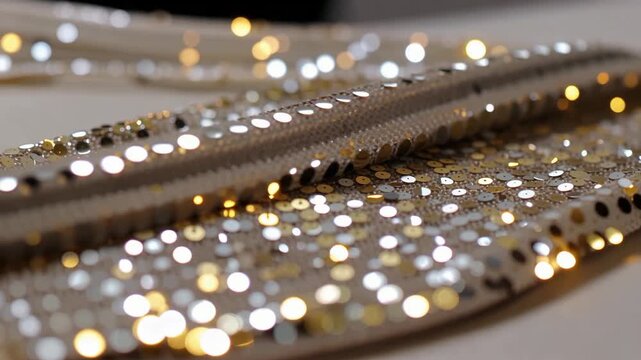 Close-up of a fabric adorned with shimmering gold and silver sequins creating a sparkling textured surface