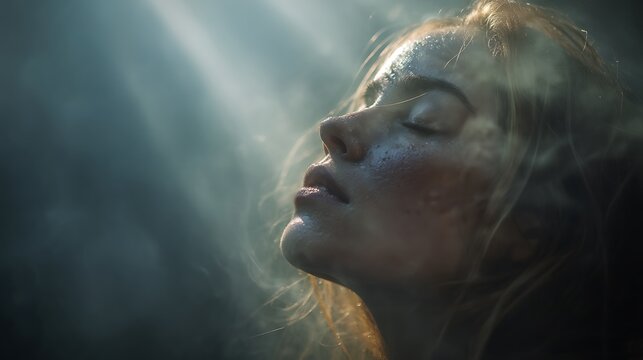 artistic portrait of an angelic woman surrounded by mist and light beams, glowing skin, soft atmospheric tone, surreal fine art photography, 