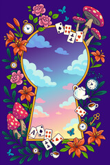  Wonderland background. Flowers, mushrooms, clock and key, teapotand cup, cards and butterflies. Flowers frame and gold keyhole on purple background. Vector illustration