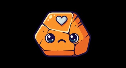 Cute sad cartoon stone character with a heart icon on a black background.