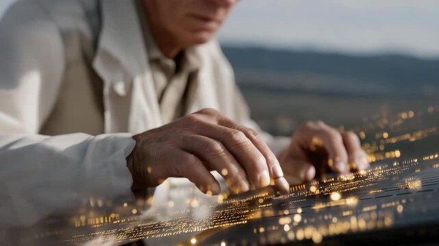 Close-up of veteran&rsquo;s hands placing the flag while holographic elements display names or symbols, highlighting respectful commemoration, national pride, and modern memorial innovation. cinematic