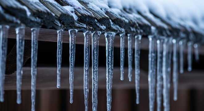 Close up of long icicles hanging from a roof covered in melting snow day - Powered by Adobe