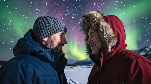 Two men gaze at vibrant aurora borealis, winter scene with stars, snow, and fluffy hooded parkas