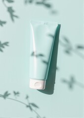 Mint green cosmetic tube with soft shadows on light background  