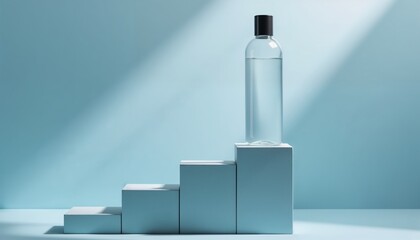 Clear water bottle displayed on geometric steps in bright lighting  