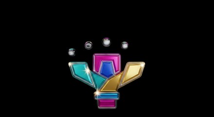 Vibrant Abstract Emblem with Floating Orbs on Black Background.