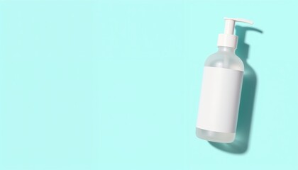 Clear plastic pump bottle on pastel blue background with label  