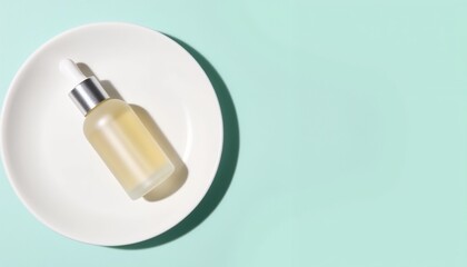 Skincare oil bottle on white plate over mint green background  