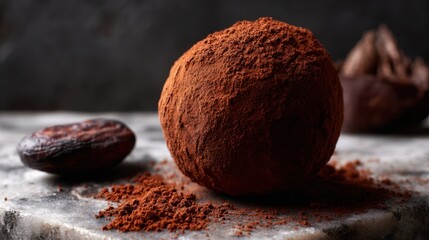 Fototapeta premium Cocoa truffle coated in dark cocoa powder sits on marble with cacao beans scattered around it in dim lighting.