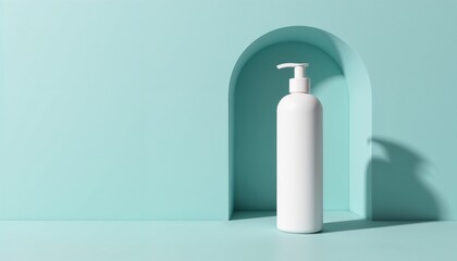 A white dispenser bottle on a minimalist background with soft copy space lighting
