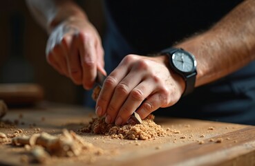 Male hands carve wood with knife on rustic wooden table. Artisan carefully shapes light brown timber, producing small wood chips. Man works on craft project, showing detail, focused work. Hobbyist