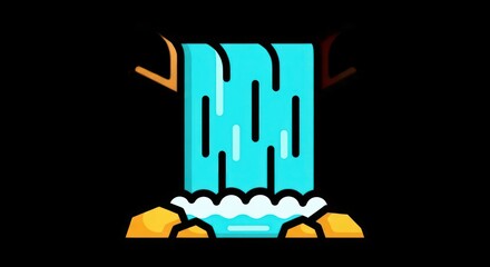 Stylized Waterfall Illustration with Rocks and Trees on Black Background.