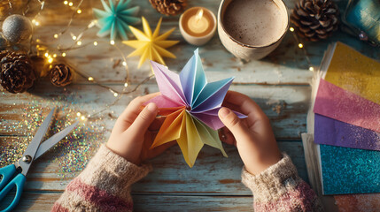 child making colorful paper snowflake at craft table