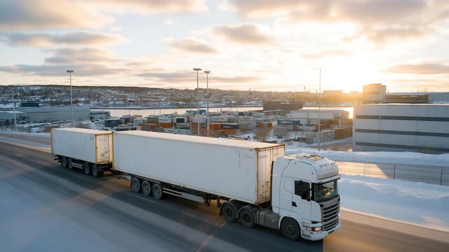 Drone capturing industrial zone with frozen shipping containers and glowing autonomous trucks, emotion of endurance visible, representing modern logistics, AI optimization, and energy-efficient