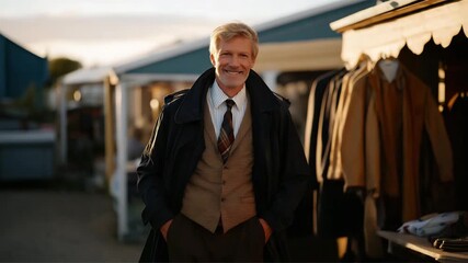 Elder film director walking through an abandoned movie set at golden hour, gently touching props with nostalgic reflection — concept of cinematic legacy, artistic memory, emotional nostalgia,