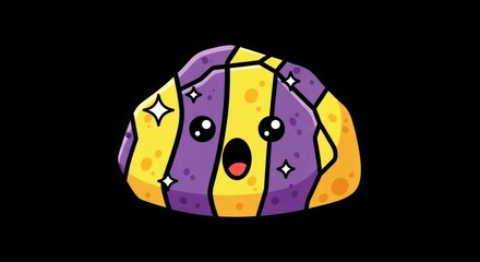 Cute Cartoon Rock with Surprised Expression and Glitter on Black Background.