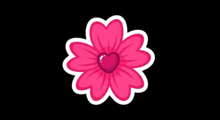 Pink Heart Flower Sticker with White Outline on Black Background.