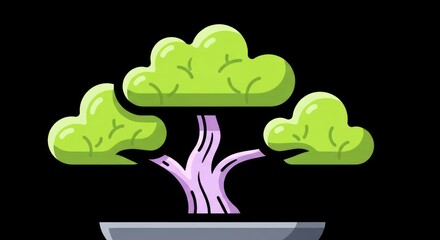 Stylized Bonsai Tree Illustration with Green Foliage and Lavender Trunk.