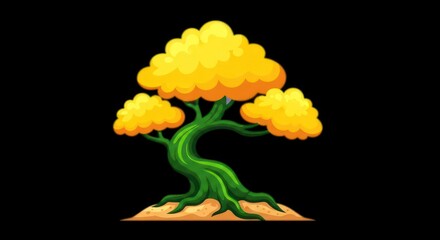 Stylized Tree with Golden Leaves on Black Background.