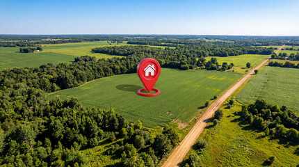 Aerial View of Green Landscape with 3D Real Estate Location Pin
