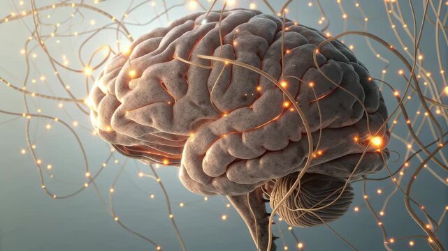 Brain plasticity. Highly Realistic 3D Illustration of Human Brain with Glowing Neural Connections, Depicting Complex Neural Networks and Cognitive