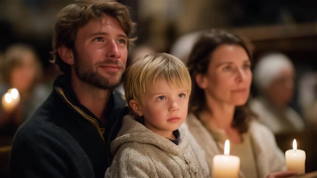 Family lighting candles during a Christmas service in a historic church, emotion of reverence and togetherness visible, representing sacred rituals, holiday traditions, and spiritual bonding with